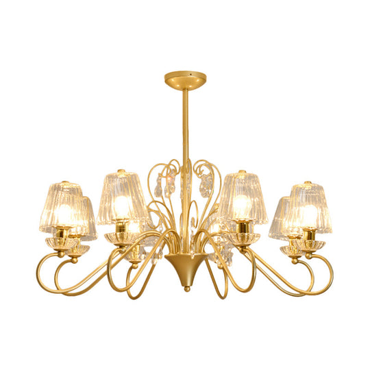 Contemporary Crystal Pendant Chandelier With Ribbed Cone Shades And Swirl Arm In Black-Gold/Gold -