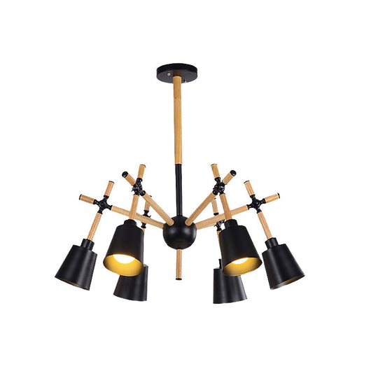 Nordic Wood Swing Arm Chandelier Light With 6 Bulbs - Black/White Conic Lamp Shade