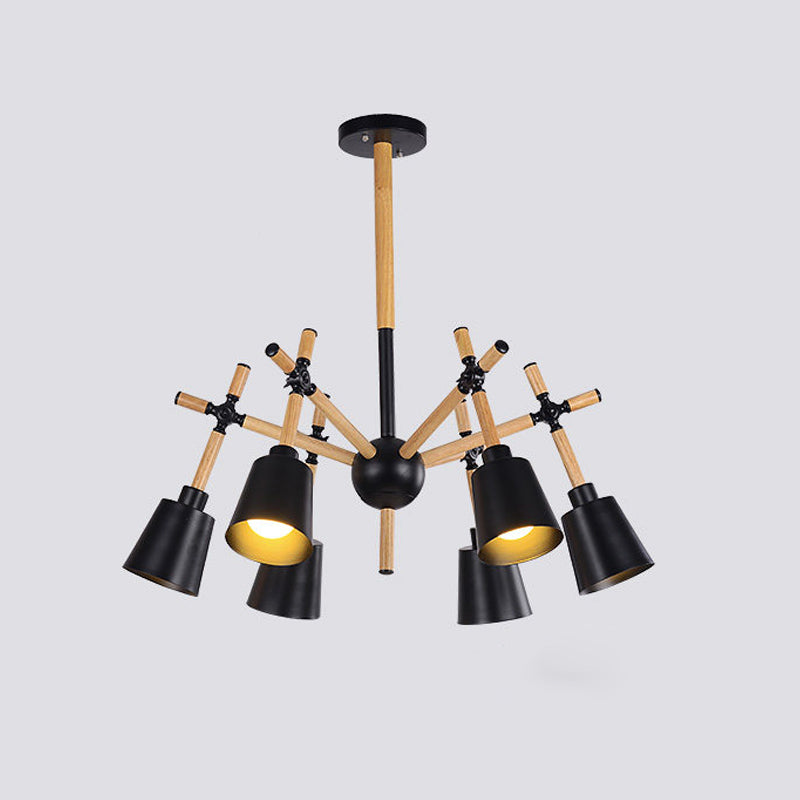 Nordic Wood Swing Arm Chandelier with 6 Bulbs and Conic Lamp Shade in Black/White