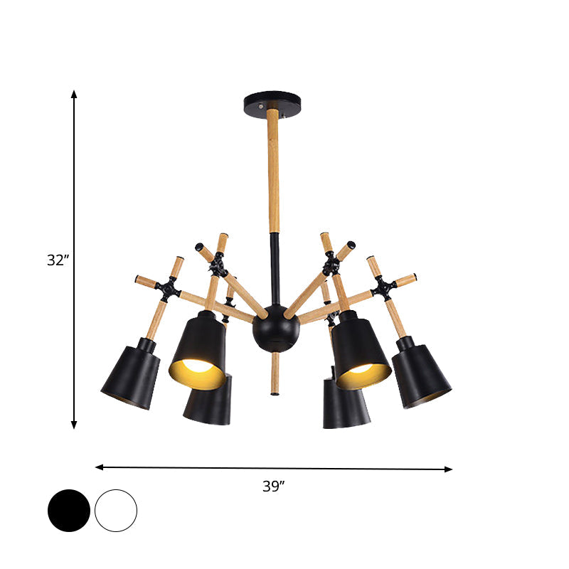 Nordic Wood Swing Arm Chandelier with 6 Bulbs and Conic Lamp Shade in Black/White