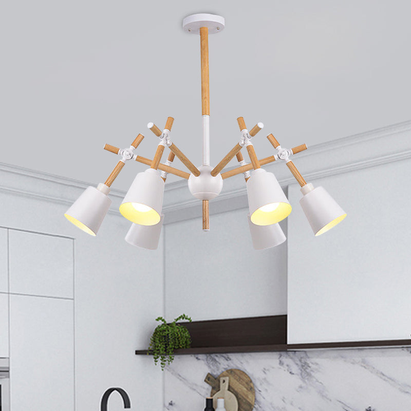 Nordic Wood Swing Arm Chandelier with 6 Bulbs and Conic Lamp Shade in Black/White