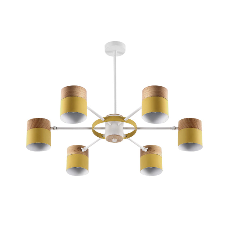 Splicing Cylinder Rotatable Chandelier: Macaron Iron 6-Head Ceiling Hanging Light In