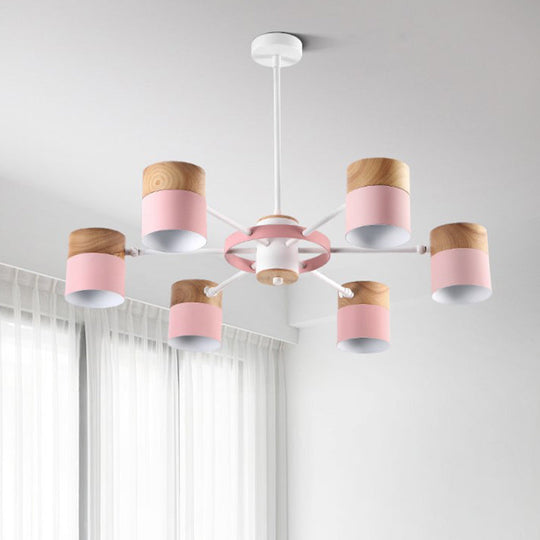 Splicing Cylinder Rotatable Chandelier: Macaron Iron 6-Head Ceiling Hanging Light In