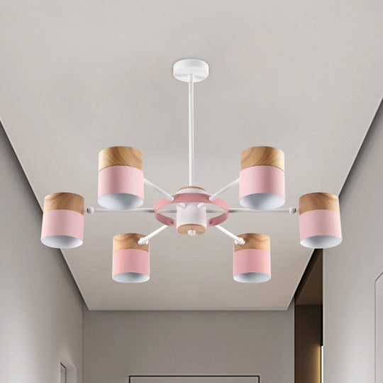 Splicing Cylinder Rotatable Chandelier: Macaron Iron 6-Head Ceiling Hanging Light In