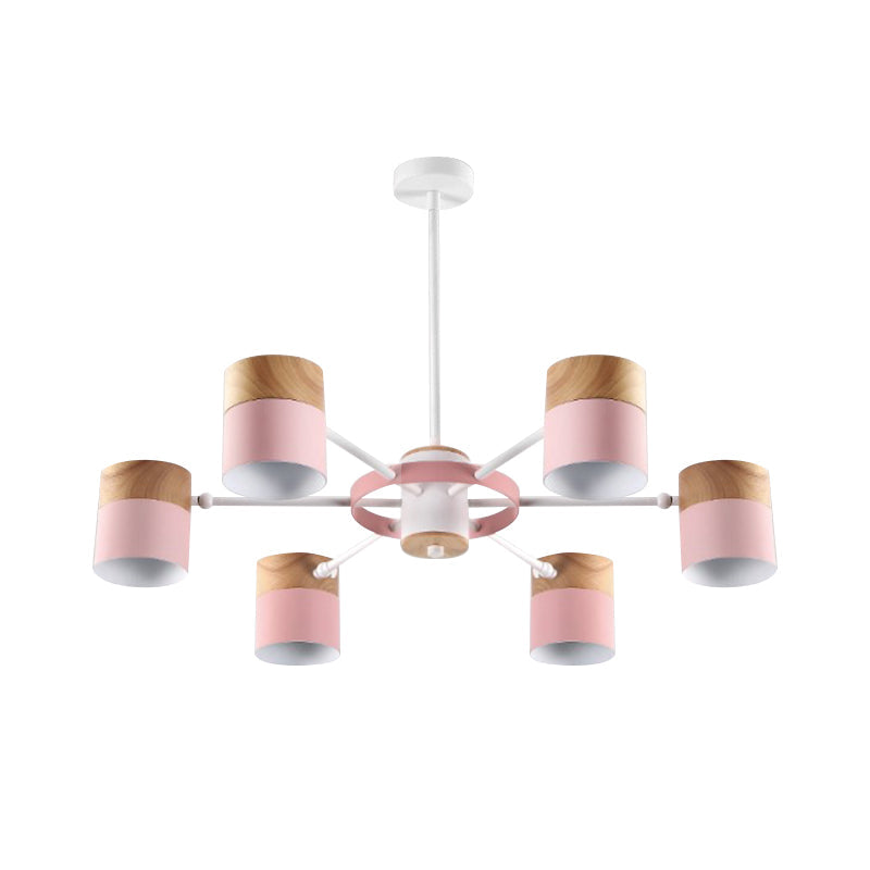 Splicing Cylinder Rotatable Chandelier: Macaron Iron 6-Head Ceiling Hanging Light In