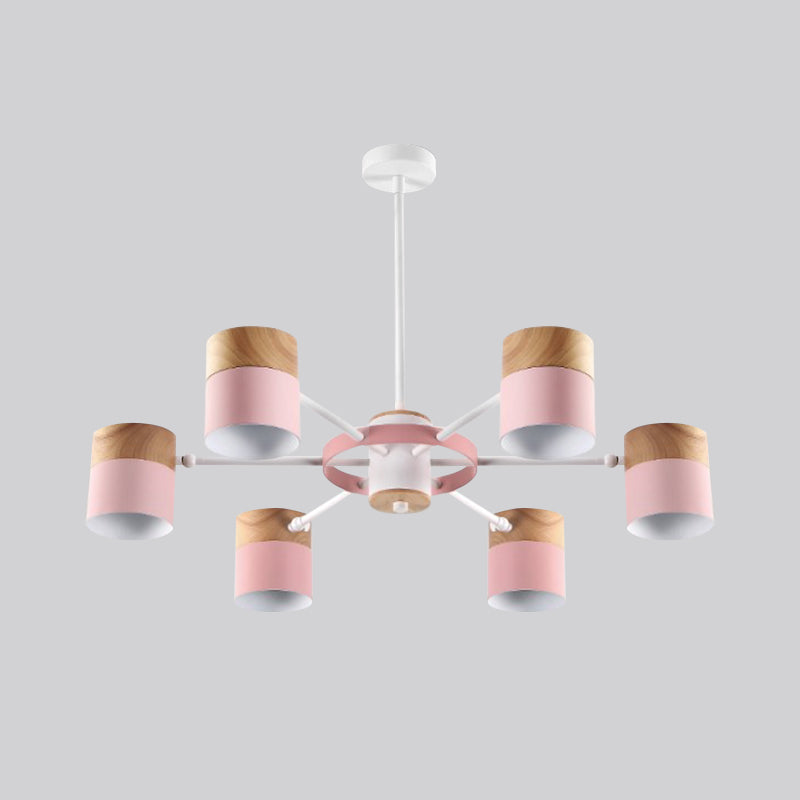 Splicing Cylinder Rotatable Chandelier: Macaron Iron 6-Head Ceiling Hanging Light In