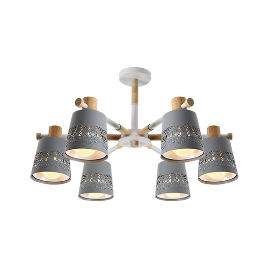 Grey Wood-Accented Macaron 6-Light Semi Flush Ceiling Chandelier