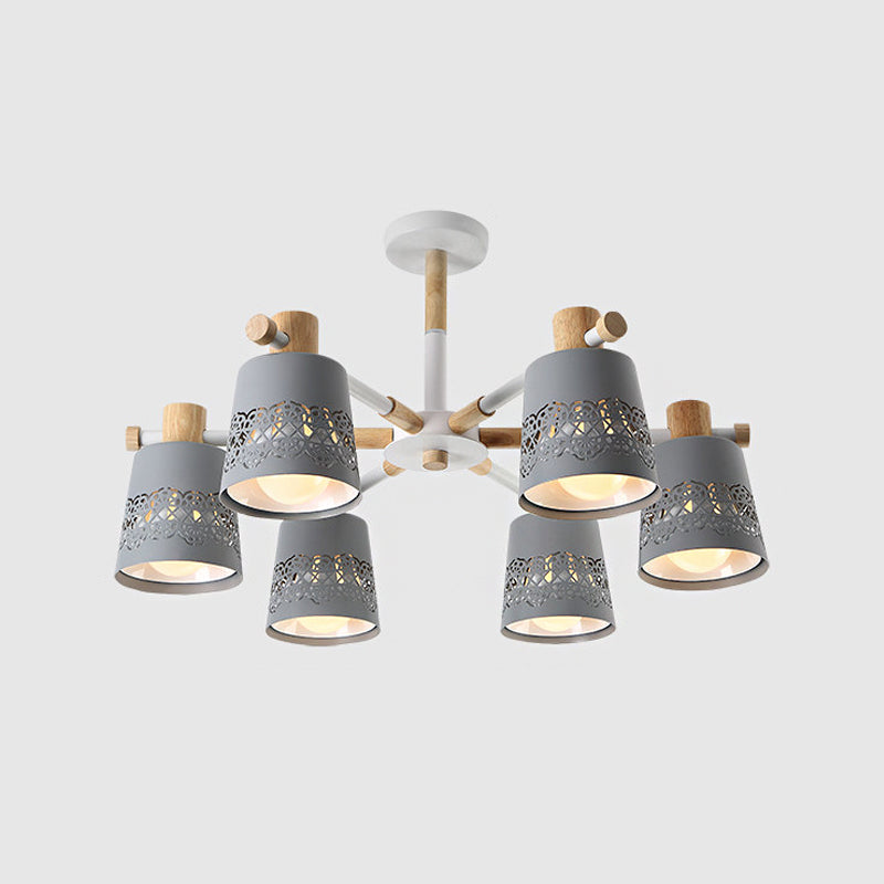 Grey Wood-Accented Macaron 6-Light Semi Flush Ceiling Chandelier