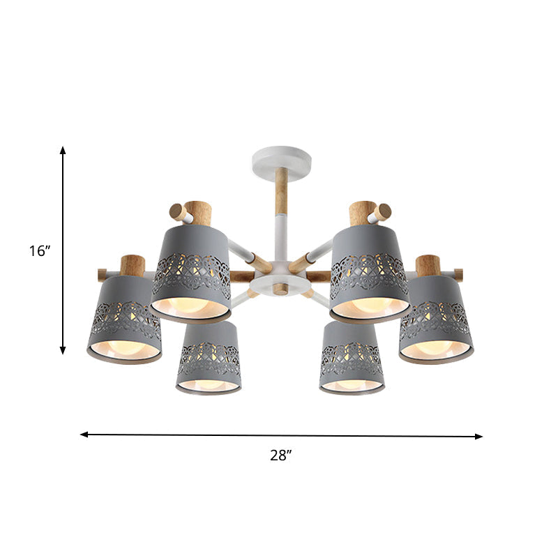 Grey Wood-Accented Macaron 6-Light Semi Flush Ceiling Chandelier