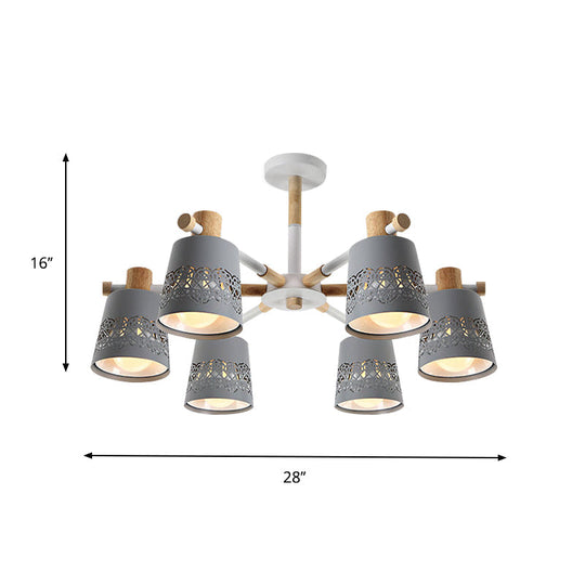 Grey Wood-Accented Macaron 6-Light Semi Flush Ceiling Chandelier