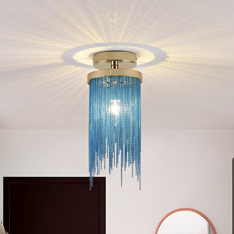 Modern Aluminum Small Flushmount Ceiling Light with Cascading Fringe, 1-Light, Green/Gold/Blue