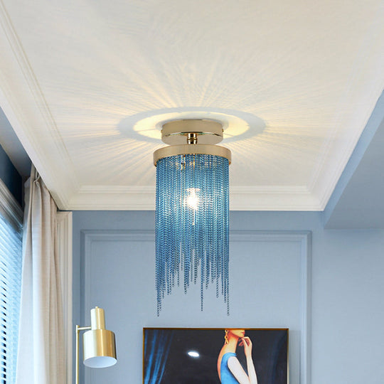 Modern Aluminum Small Flushmount Ceiling Light With Cascading Fringe 1-Light Green/Gold/Blue