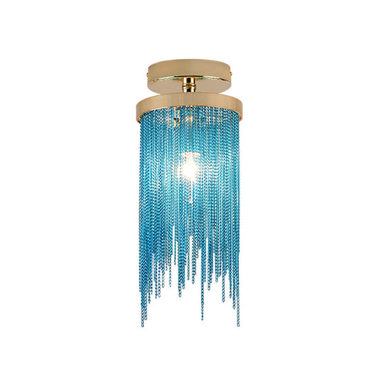 Modern Aluminum Small Flushmount Ceiling Light with Cascading Fringe, 1-Light, Green/Gold/Blue