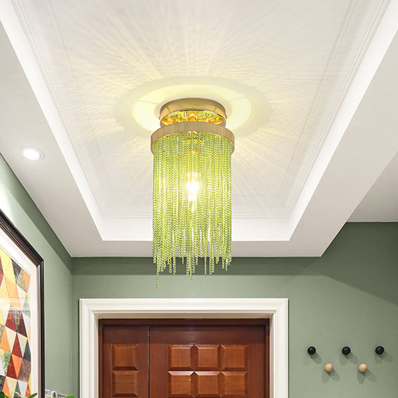 Modern Aluminum Small Flushmount Ceiling Light with Cascading Fringe, 1-Light, Green/Gold/Blue