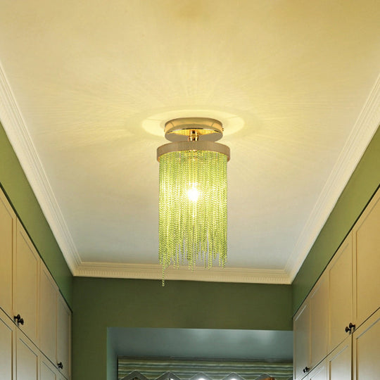 Modern Aluminum Small Flushmount Ceiling Light with Cascading Fringe, 1-Light, Green/Gold/Blue