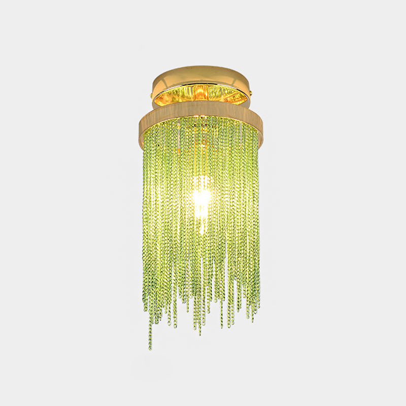 Modern Aluminum Small Flushmount Ceiling Light with Cascading Fringe, 1-Light, Green/Gold/Blue