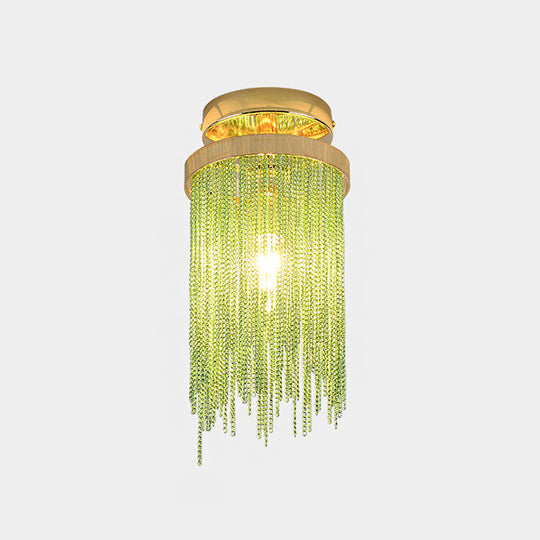 Modern Aluminum Small Flushmount Ceiling Light with Cascading Fringe, 1-Light, Green/Gold/Blue