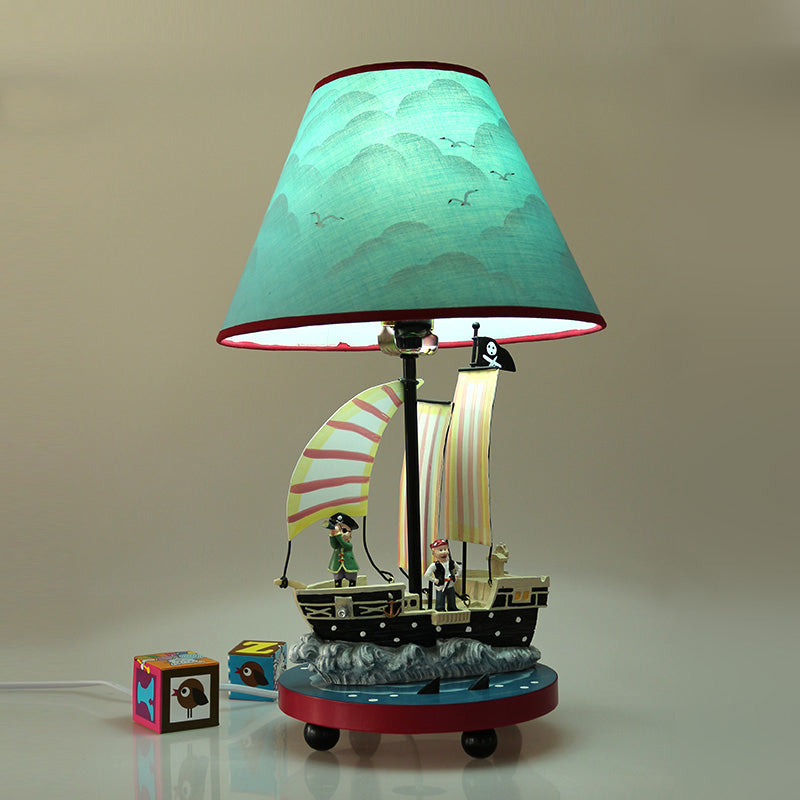 Boys Pirate Sailboat Bedside Lamp With 1 Light Resin Construction And Blue Conical Shade