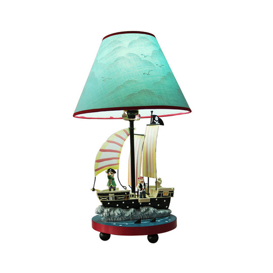 Boys Pirate Sailboat Bedside Lamp With 1 Light Resin Construction And Blue Conical Shade