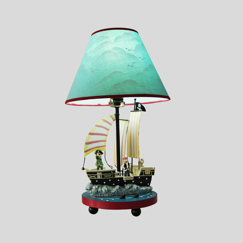 Boys Pirate Sailboat Bedside Lamp With 1 Light Resin Construction And Blue Conical Shade