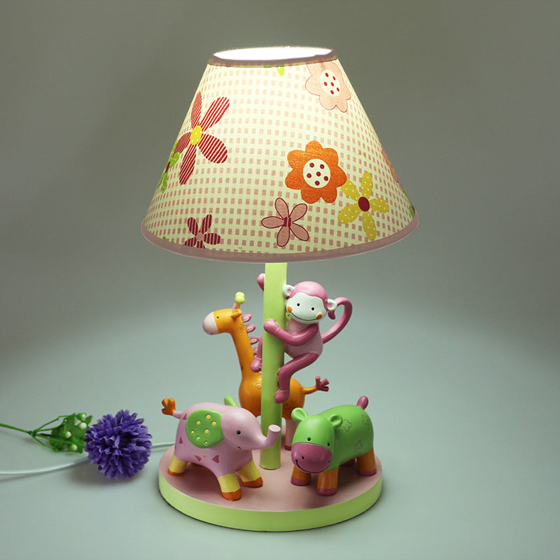 Zoological Garden Night Lamp - Resin Cartoon 1-Bulb Pink Table Light With Printed Fabric Shade