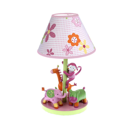 Zoological Garden Night Lamp - Resin Cartoon 1-Bulb Pink Table Light With Printed Fabric Shade