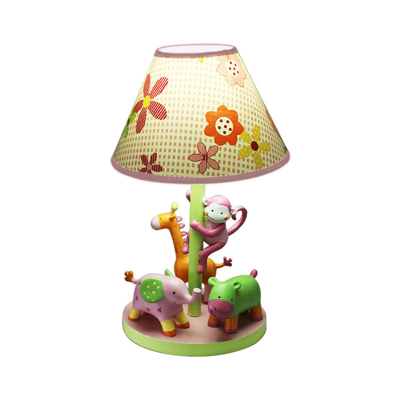 Zoological Garden Night Lamp - Resin Cartoon 1-Bulb Pink Table Light With Printed Fabric Shade