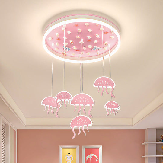 Pink LED Flush Mount Ceiling Light with Jellyfish Pendant and Seashell Decoration for Kids