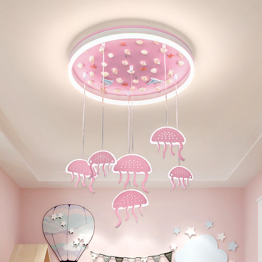 Pink LED Flush Mount Ceiling Light with Jellyfish Pendant and Seashell Decoration for Kids