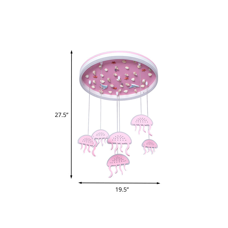 Pink LED Flush Mount Ceiling Light with Jellyfish Pendant and Seashell Decoration for Kids