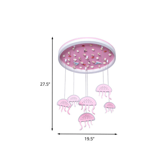 Pink LED Flush Mount Ceiling Light with Jellyfish Pendant and Seashell Decoration for Kids