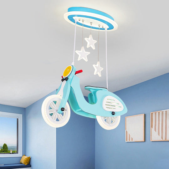 Wooden Motorcycle Ceiling Light with LED, Cartoon Blue/Pink Design and Acrylic Shade