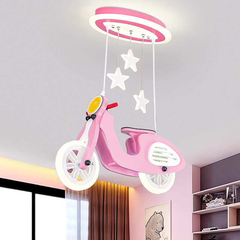 Wooden Motorcycle Ceiling Light with LED, Cartoon Blue/Pink Design and Acrylic Shade