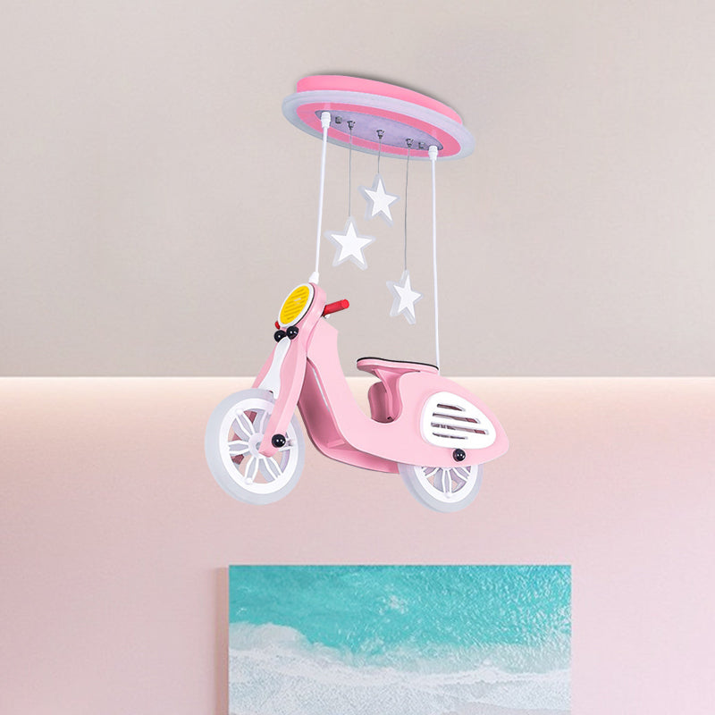 Wooden Motorcycle Ceiling Light with LED, Cartoon Blue/Pink Design and Acrylic Shade