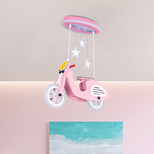 Wooden Motorcycle Ceiling Light With Led Cartoon Blue/Pink Design And Acrylic Shade