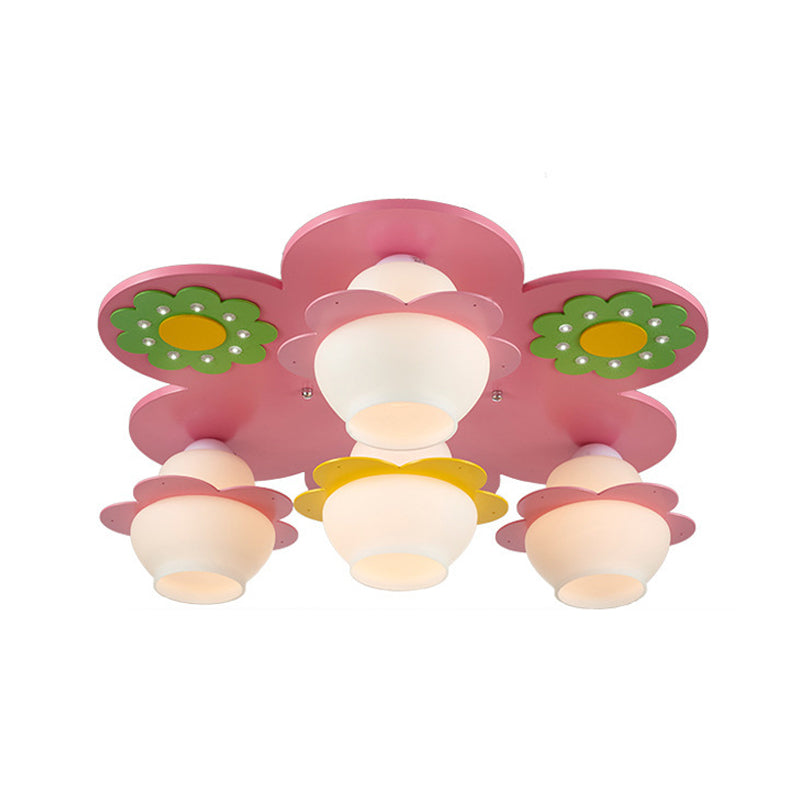 Handcrafted Wood Blossom Kids Flushmount Light with Pink Glass Shade - 4-Light Ceiling Fixture