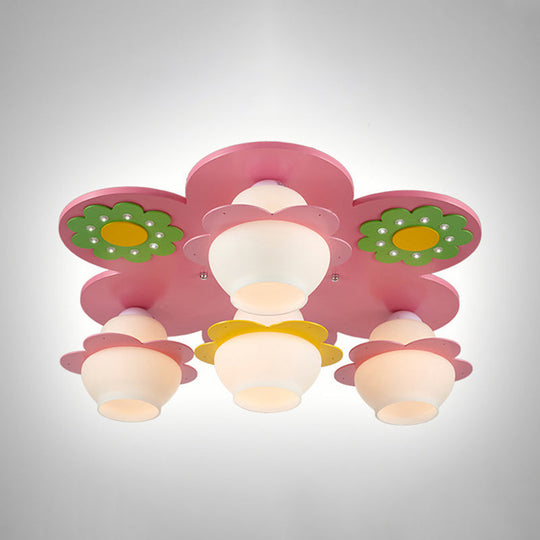 Handcrafted Wood Blossom Kids Flushmount Light with Pink Glass Shade - 4-Light Ceiling Fixture