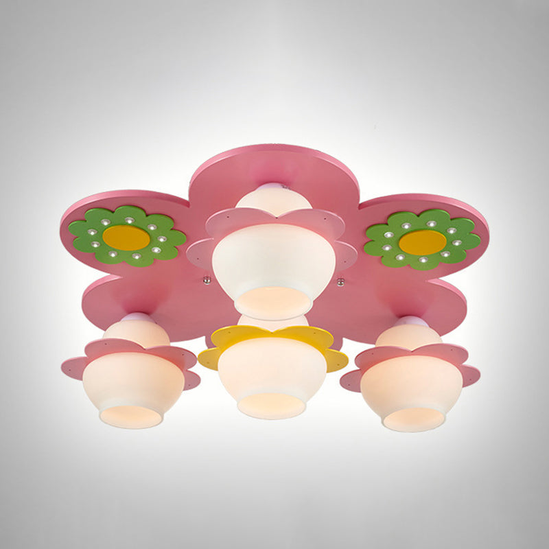 Handcrafted Wood Blossom Kids Flushmount Light With Pink Glass Shade - 4-Light Ceiling Fixture