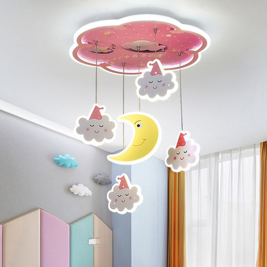 Flower Flushmount LED Ceiling Light with Sleeping Cloud and Moon - Pink Acrylic Cartoon Fixture