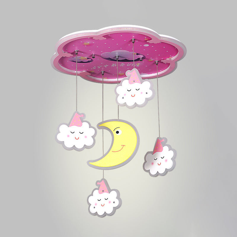 Flower Flushmount LED Ceiling Light with Sleeping Cloud and Moon - Pink Acrylic Cartoon Fixture