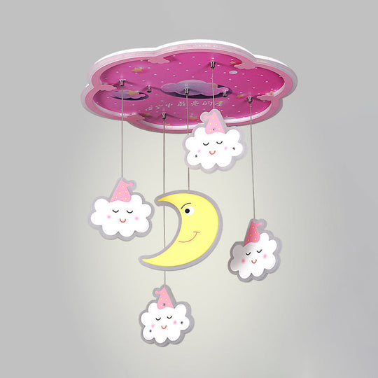 Flower Flushmount LED Ceiling Light with Sleeping Cloud and Moon - Pink Acrylic Cartoon Fixture