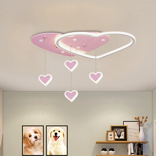 Led Flush Mount Kids Bedroom Ceiling Lamp With Drape In Pink/Blue Star Cloud And Loving Heart Design