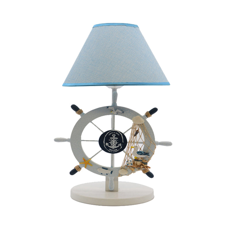 Coastal White Nightstand Lamp With Fabric Cone Shade And Rudder Decor - 1 Light