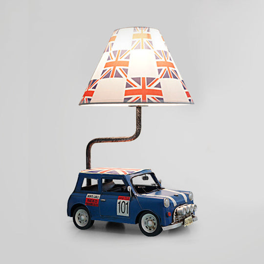 Kids Jeep Car Iron Table Lamp With Yellow/Blue Cross Fabric Shade