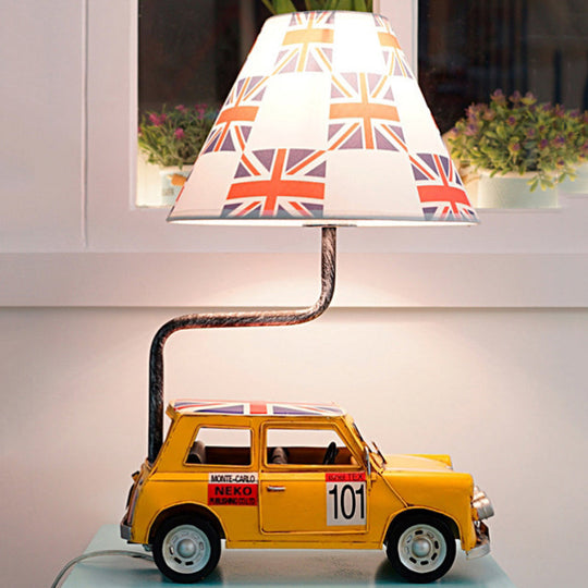 Kids Jeep Car Iron Table Lamp With Yellow/Blue Cross Fabric Shade Yellow