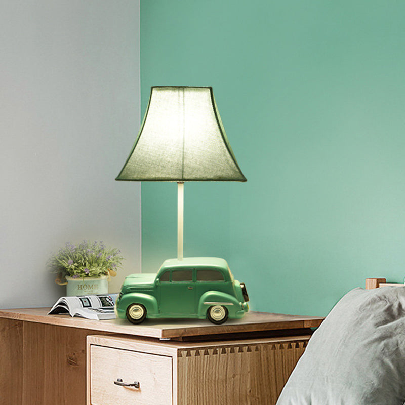 Kids Green Car Resin Table Lamp With Pagoda Fabric Shade - 1 Bulb Nightstand Lighting