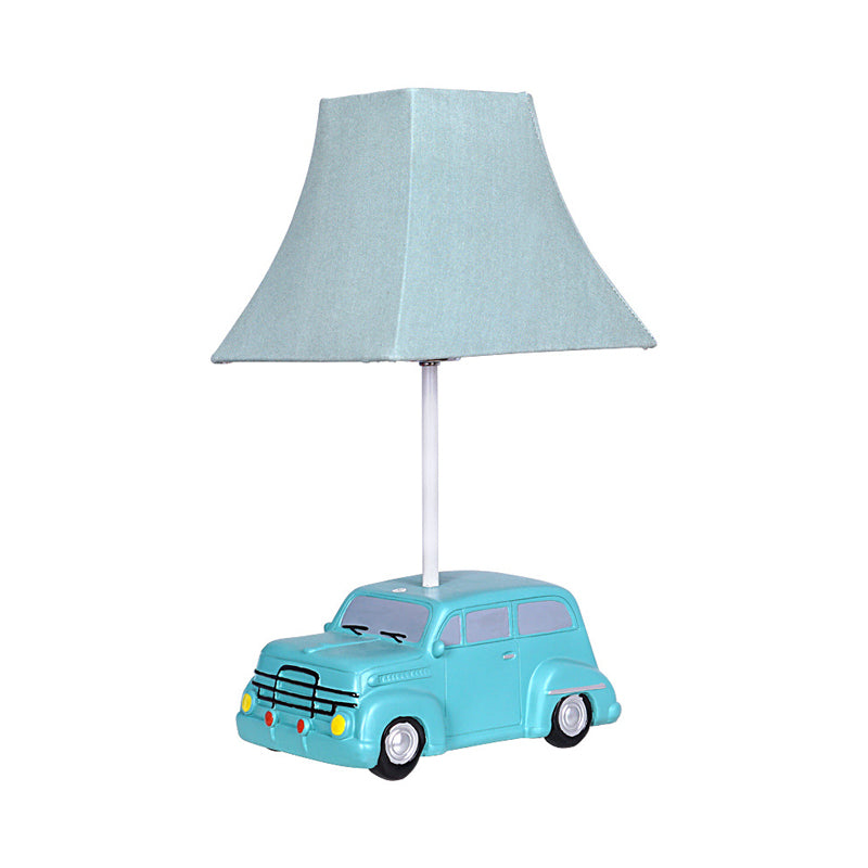 Kids Green Car Resin Table Lamp With Pagoda Fabric Shade - 1 Bulb Nightstand Lighting