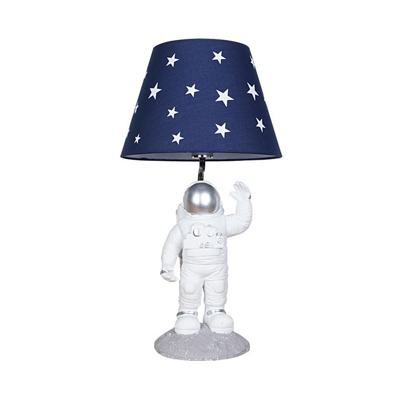 Blue Empire Shade Night Lamp - Kids Star Patterned Fabric Table Lighting With Carved Spaceman Base