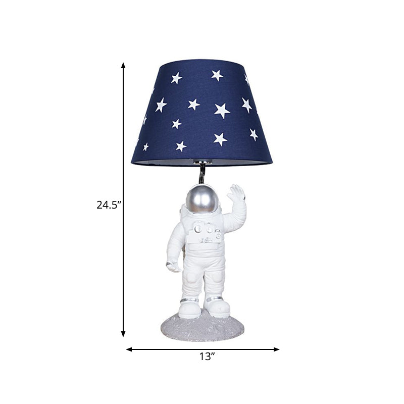 Blue Empire Shade Night Lamp - Kids Star Patterned Fabric Table Lighting With Carved Spaceman Base