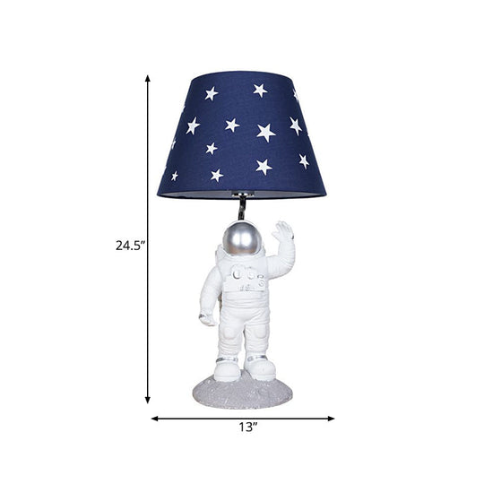 Blue Empire Shade Night Lamp - Kids Star Patterned Fabric Table Lighting With Carved Spaceman Base